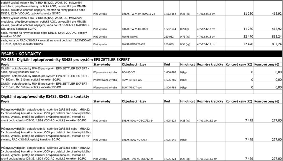 4x18 cm 11 230 415,92 optický vysílač video + Rx/Tx RS485(422), WDM, SC, frekvenční modulace, přepěťové ochrany, optická AGC, univerzální pro MM/SM vlákna, proudová ochrana napájení, karta do