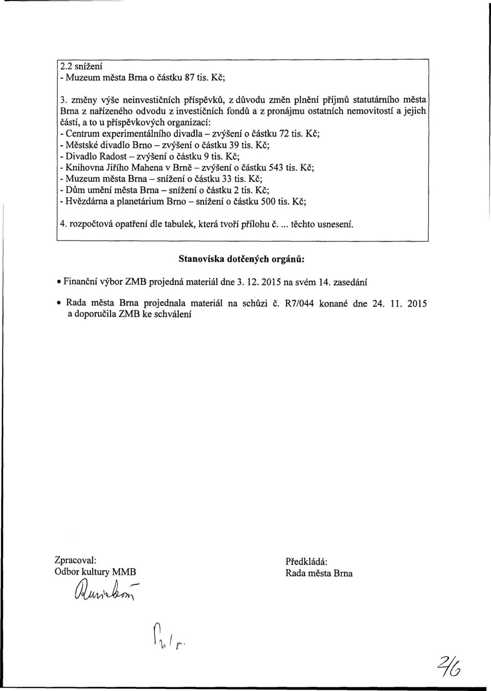 organizací: - Centrum experimentálního divadla - zvýšení o částku 72 tis. Kč; - Městské divadlo Brno - zvýšení o částku 39 tis. Kč; - Divadlo Radost - zvýšení o částku 9 tis.