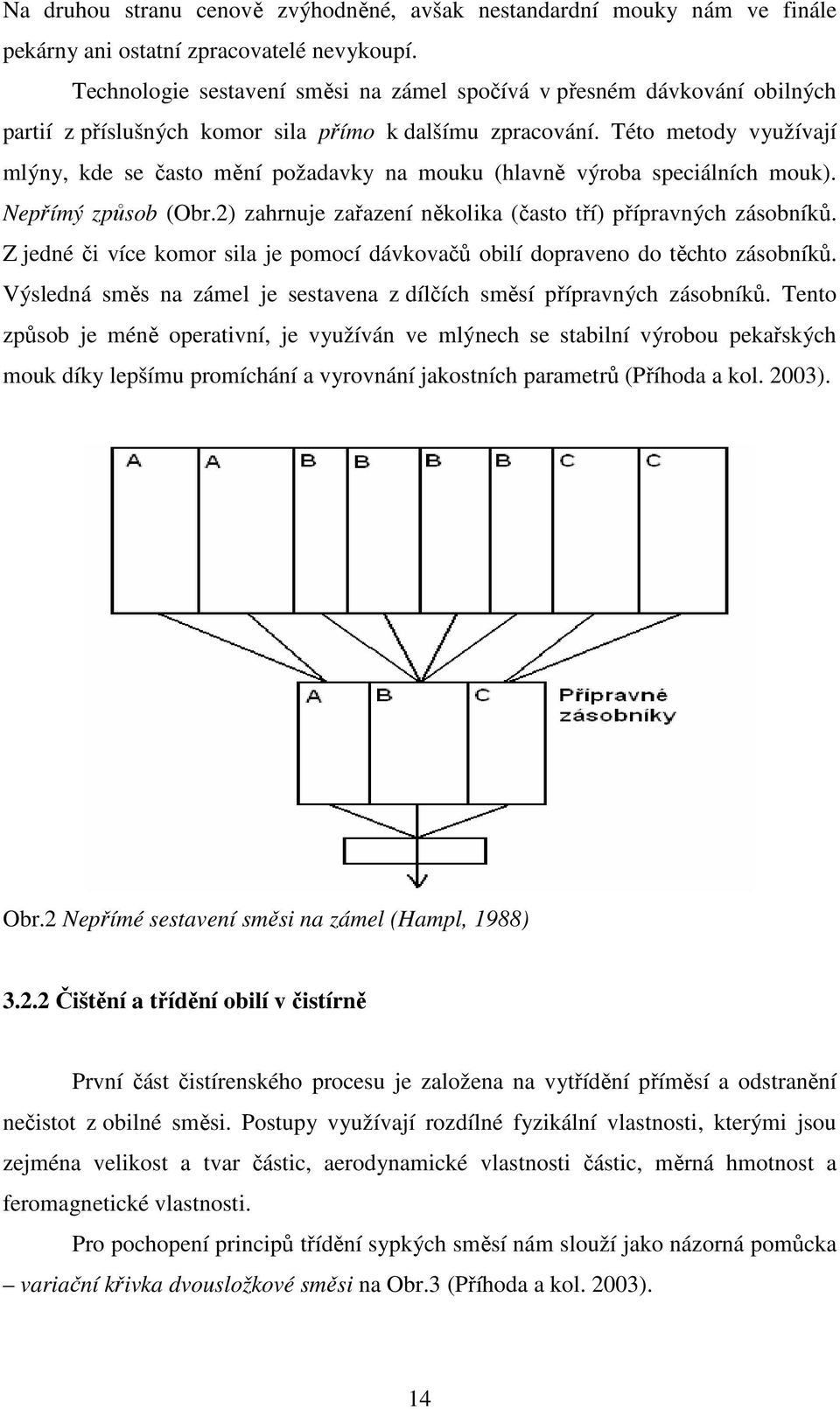 Této metody využívají mlýny, kde se často mění požadavky na mouku (hlavně výroba speciálních mouk). Nepřímý způsob (Obr.2) zahrnuje zařazení několika (často tří) přípravných zásobníků.