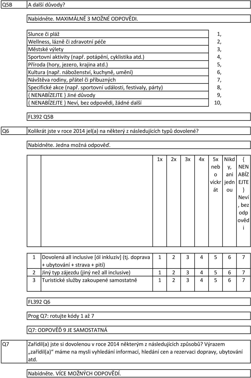 sportovní události, festivaly, párty) { NENABÍZEJTE } Jiné důvody, žádné další,,, 0, FL9 QB Q6 Kolikrát jste v roce 0 jel(a) na některý z následujících typů dovolené?