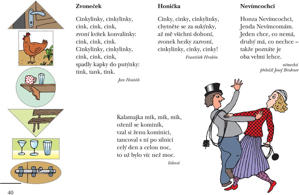 Jan Hostáň Honička Cinky, cinky, cinkylinky, chytněte se za sukýnky, až mě všichni dohoní, zvonek hezky zazvoní, cinkylinky, cinky, cinky!