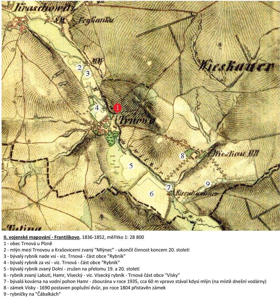 Trnová - část obce "Rybník" 5 - bývalý rybník zvaný Dolní - zrušen na přelomu 19. a 20. století 6 - rybník zvaný Labutí, Hamr, Vísecký - viz.