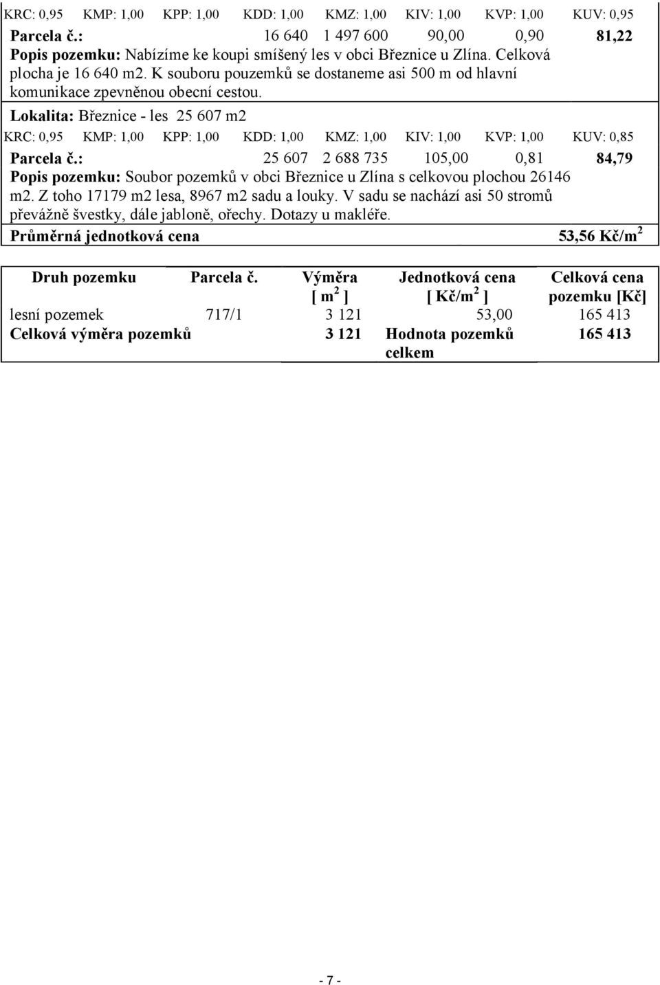 Lokalita: Březnice - les 25 607 m2 KRC: 0,95 KMP: 1,00 KPP: 1,00 KDD: 1,00 KMZ: 1,00 KIV: 1,00 KVP: 1,00 KUV: 0,85 Parcela č.