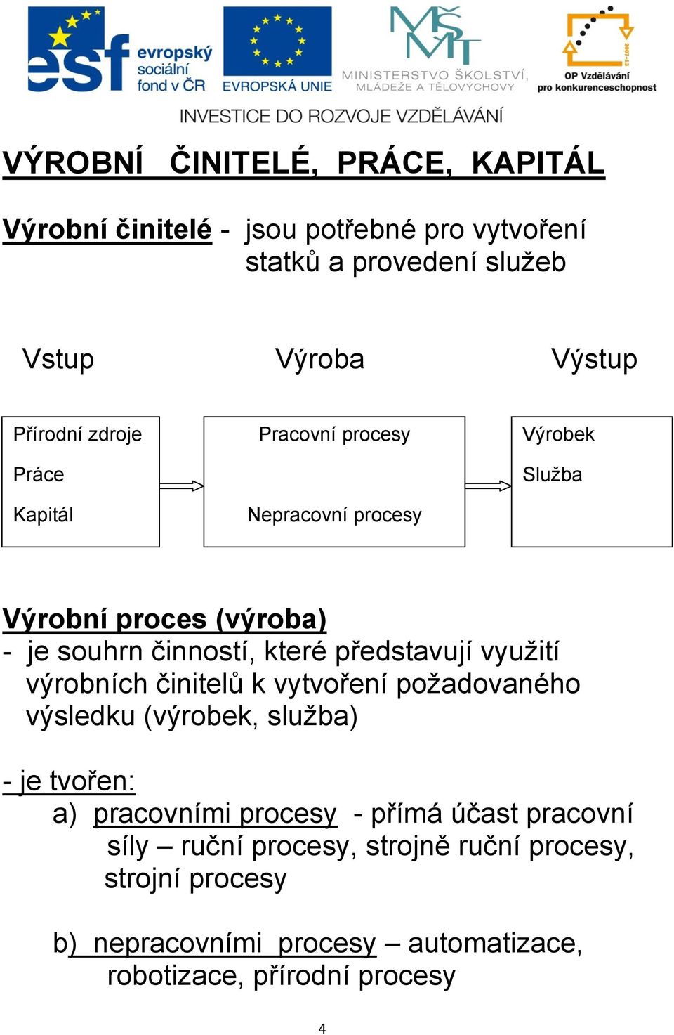 představují využití výrobních činitelů k vytvoření požadovaného výsledku (výrobek, služba) - je tvořen: a) pracovními procesy - přímá