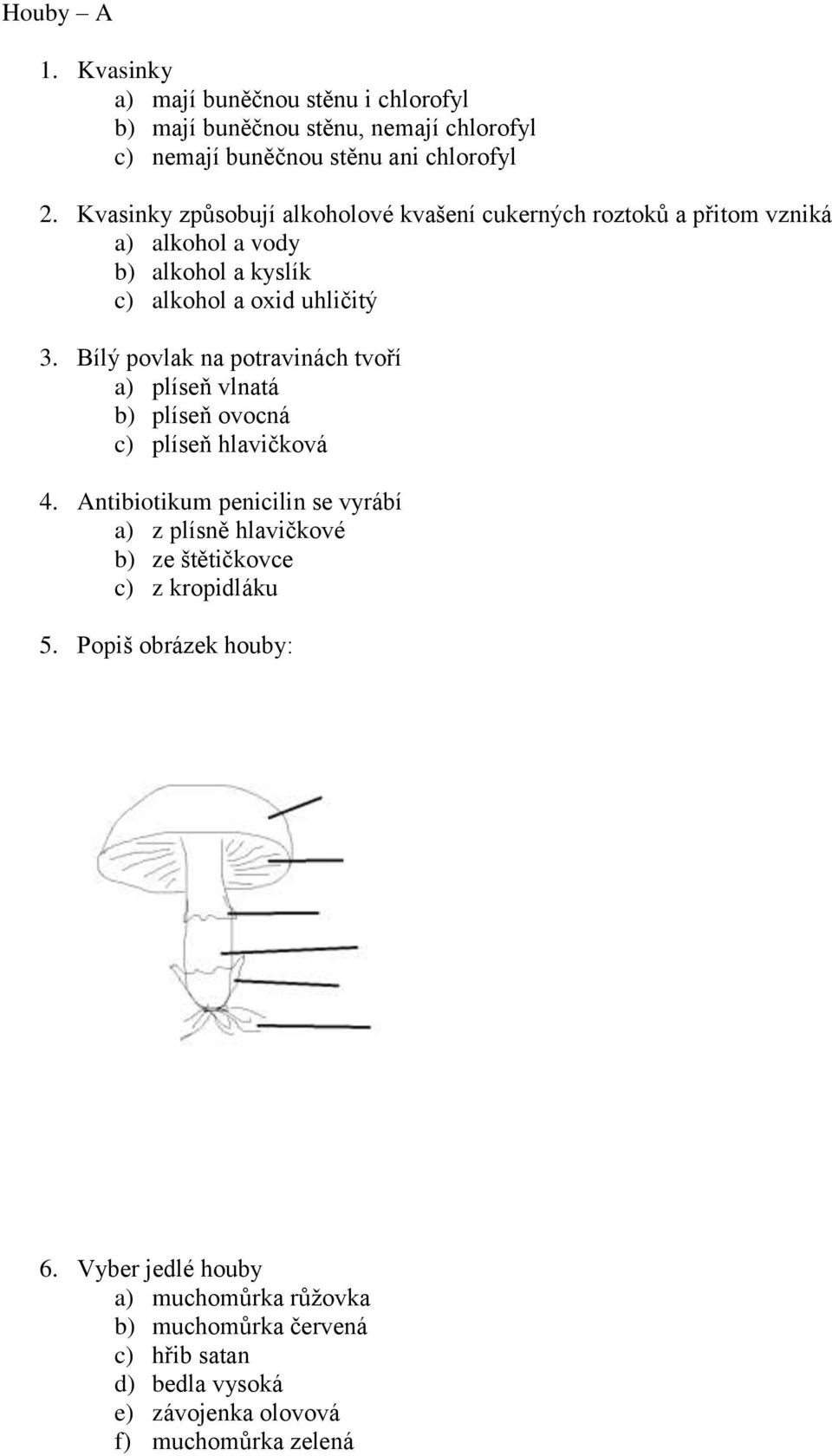 Bílý povlak na potravinách tvoří a) plíseň vlnatá b) plíseň ovocná c) plíseň hlavičková 4.