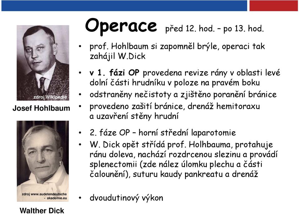 bránice, drenáž hemitoraxu a uzavření stěny hrudní 2. fáze OP horní střední laparotomie W. Dick opět střídá prof.