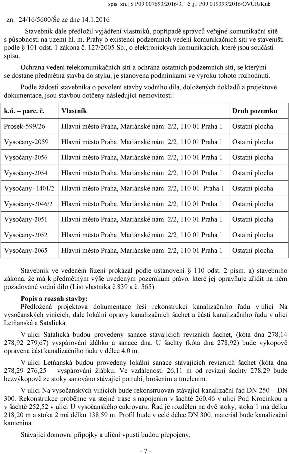 Prahy o existenci podzemních vedení komunikačních sítí ve staveništi podle 101 odst. 1 zákona č. 127/2005 Sb., o elektronických komunikacích, které jsou součástí spisu.