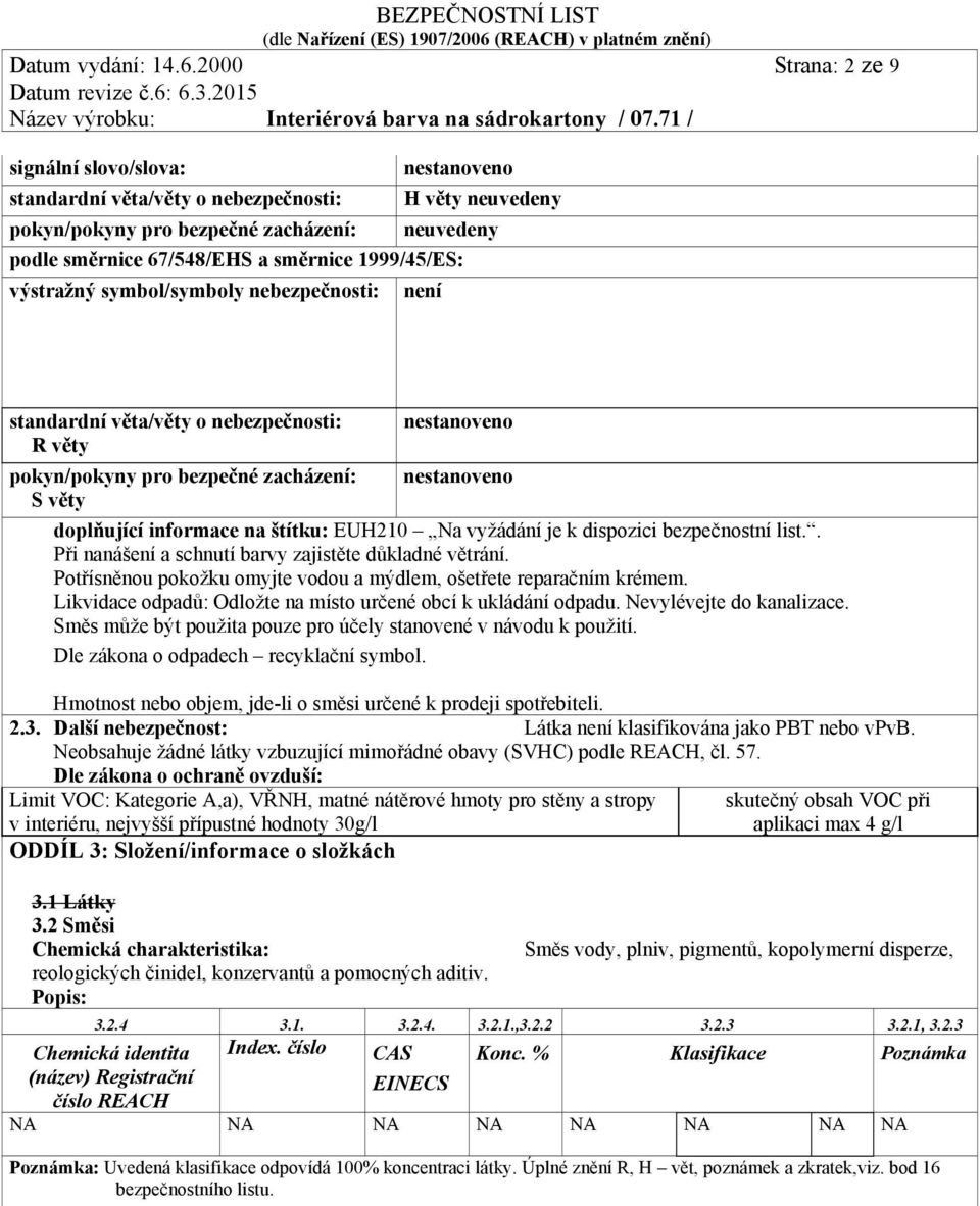 1999/45/ES: výstražný symbol/symboly nebezpečnosti: není standardní věta/věty o nebezpečnosti: R věty pokyn/pokyny pro bezpečné zacházení: S věty nestanoveno nestanoveno doplňující informace na