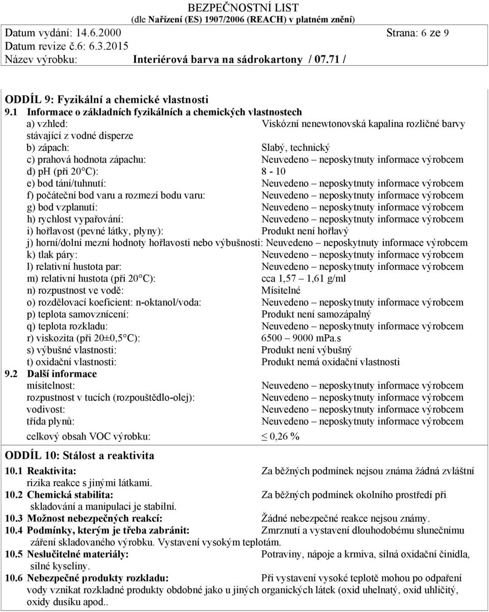 zápachu: Neuvedeno neposkytnuty informace výrobcem d) ph (při 20 C): 8-10 e) bod tání/tuhnutí: Neuvedeno neposkytnuty informace výrobcem f) počáteční bod varu a rozmezí bodu varu: Neuvedeno
