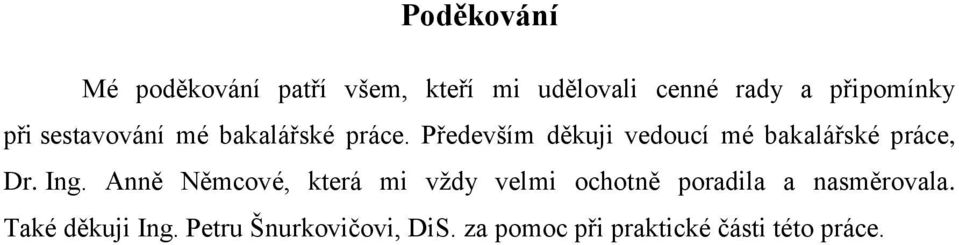 Především děkuji vedoucí mé bakalářské práce, Dr. Ing.