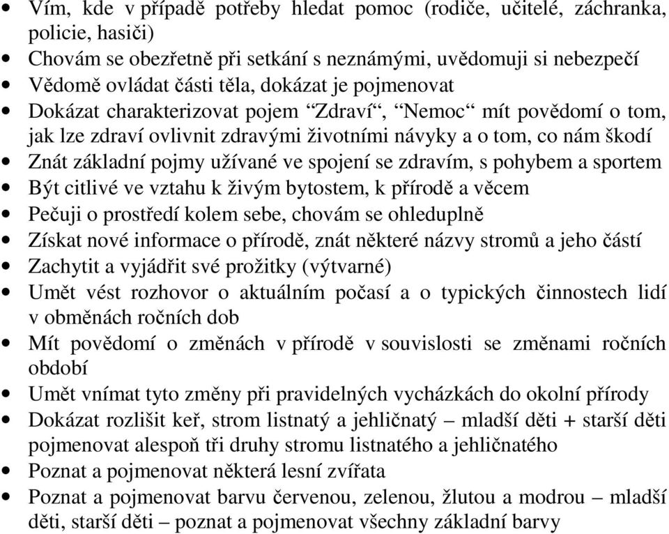 pohybem a sportem Být citlivé ve vztahu k živým bytostem, k přírodě a věcem Pečuji o prostředí kolem sebe, chovám se ohleduplně Získat nové informace o přírodě, znát některé názvy stromů a jeho částí