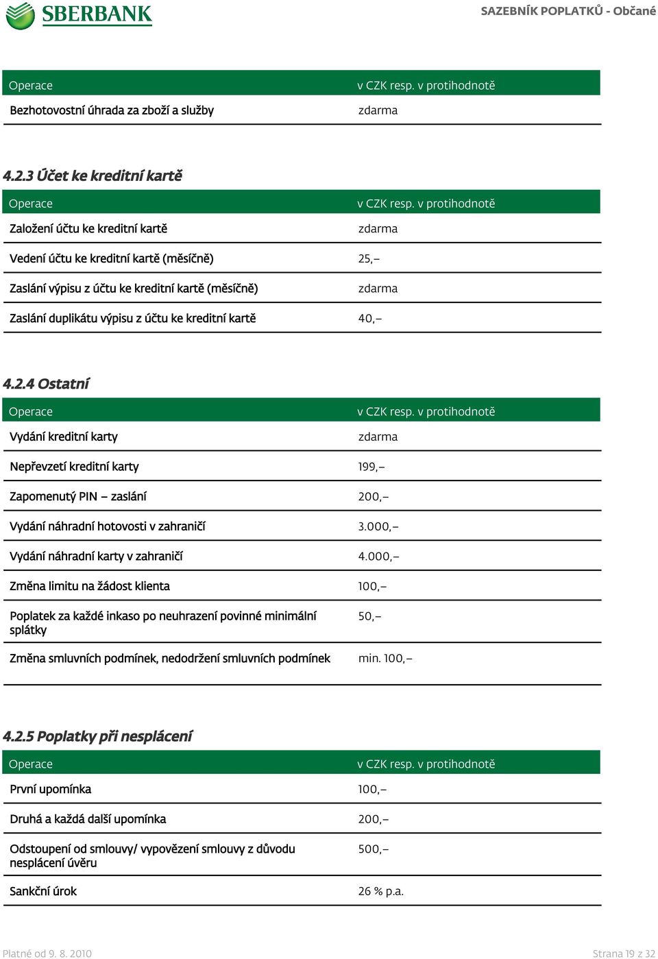kartě 40, 4.2.4 Ostatní Vydání kreditní karty Nepřevzetí kreditní karty 199, Zapomenutý PIN zaslání 200, Vydání náhradní hotovosti v zahraničí 3.000, Vydání náhradní karty v zahraničí 4.