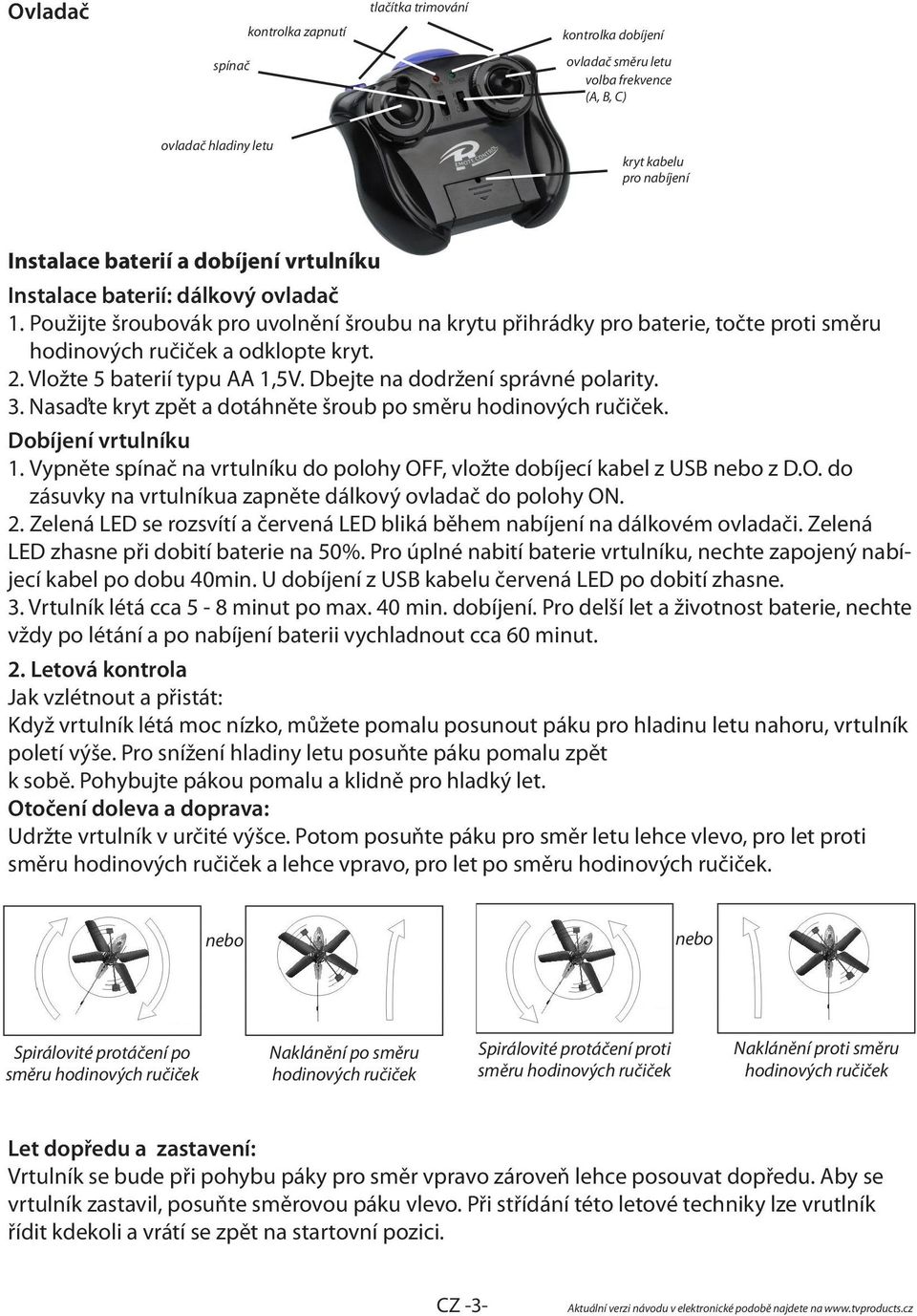 Vložte 5 baterií typu AA 1,5V. Dbejte na dodržení správné polarity. 3. Nasaďte kryt zpět a dotáhněte šroub po směru hodinových ručiček. Dobíjení vrtulníku 1.