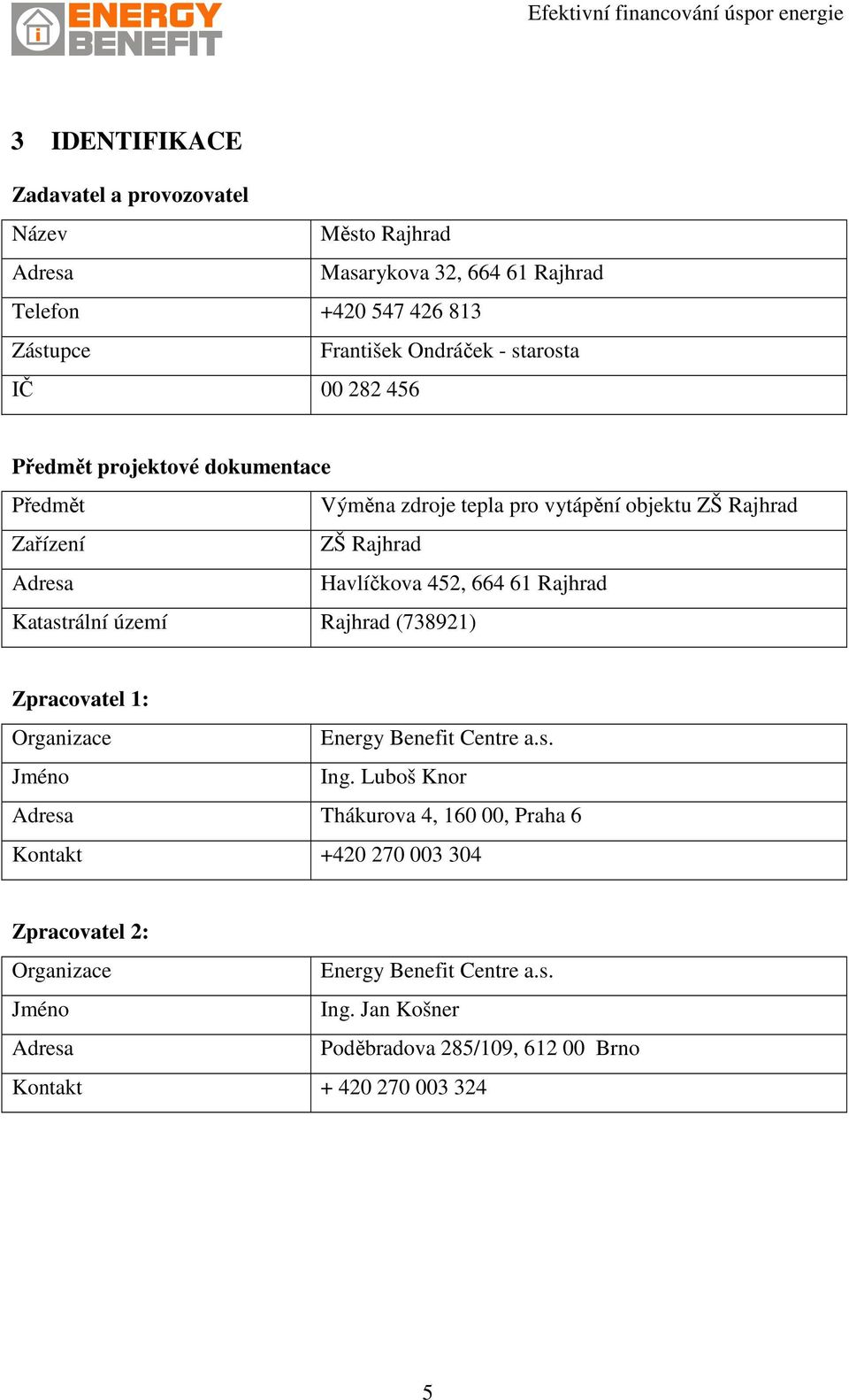 664 61 Rajhrad Katastrální území Rajhrad (738921) Zpracovatel 1: Organizace Energy Benefit Centre a.s. Jméno Ing.