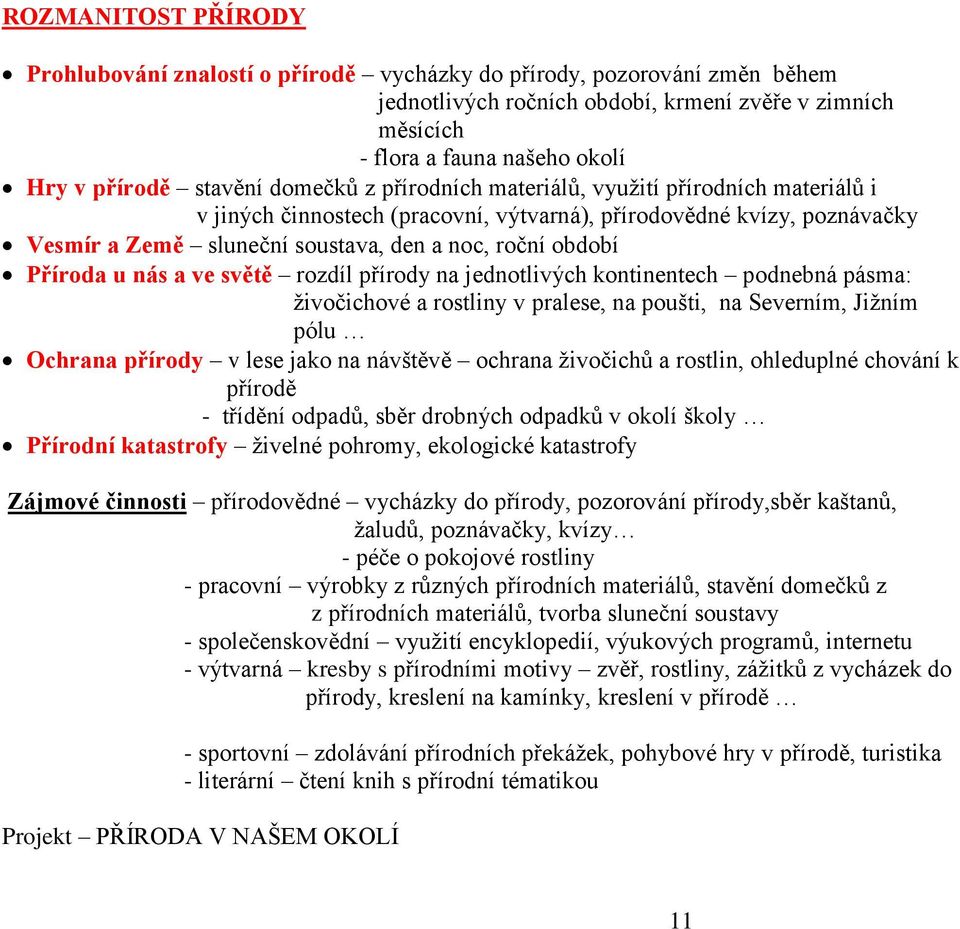 období Příroda u nás a ve světě rozdíl přírody na jednotlivých kontinentech podnebná pásma: živočichové a rostliny v pralese, na poušti, na Severním, Jižním pólu Ochrana přírody v lese jako na