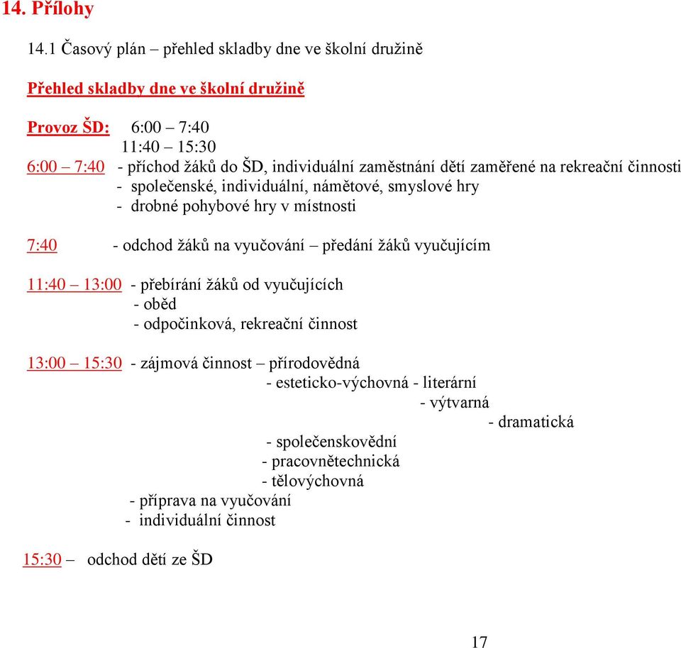 zaměstnání dětí zaměřené na rekreační činnosti - společenské, individuální, námětové, smyslové hry - drobné pohybové hry v místnosti 7:40 - odchod žáků na vyučování