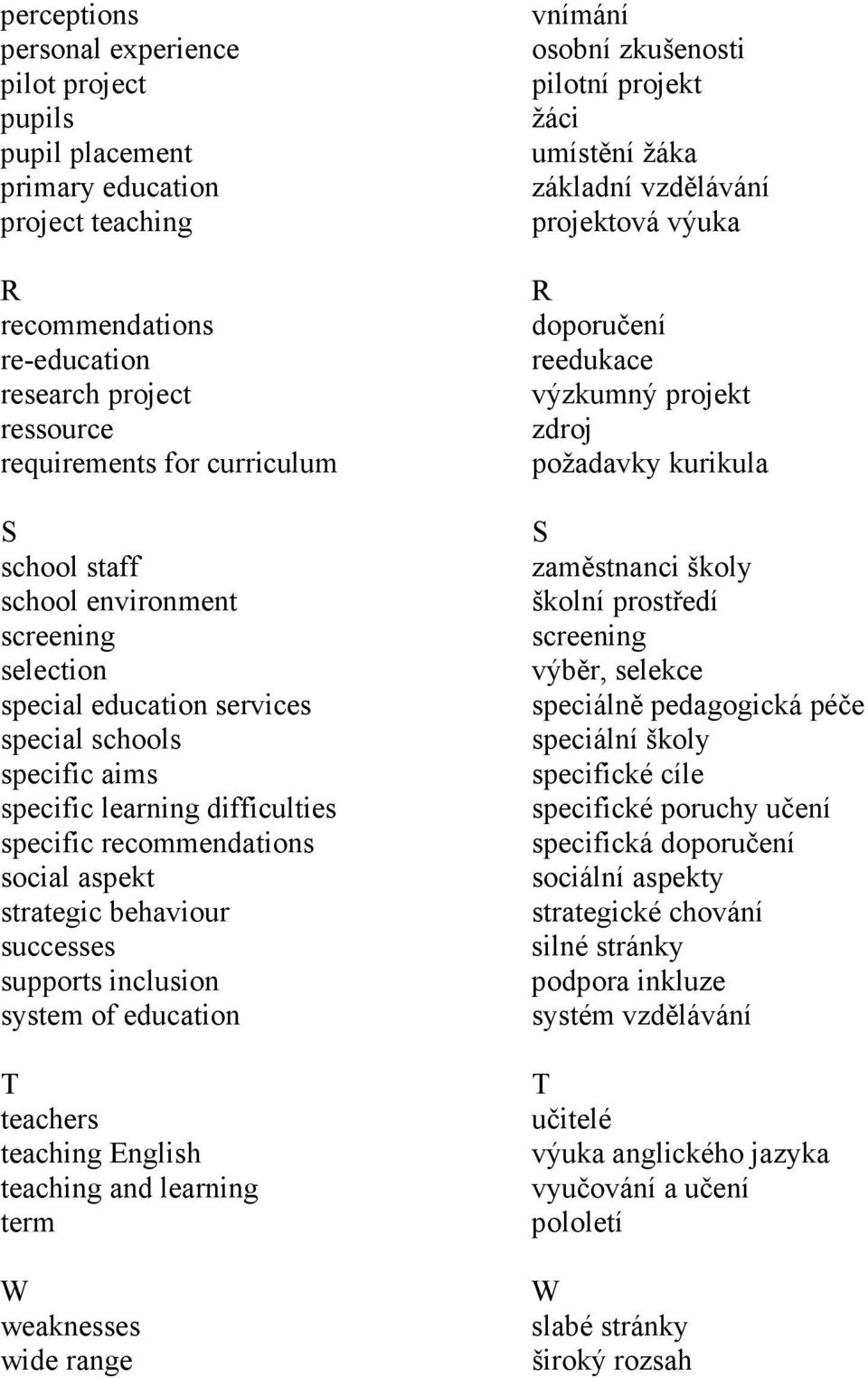 successes supports inclusion system of education T teachers teaching English teaching and learning term W weaknesses wide range vnímání osobní zkušenosti pilotní projekt žáci umístění žáka základní