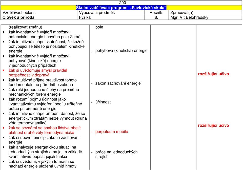 energie žák kvantitativně vyjádří množství pohybové (kinetické) energie v jednoduchých případech žák si uvědomuje smysl pravidel bezpečnosti v dopravě žák intuitivně přijme pravdivost tohoto