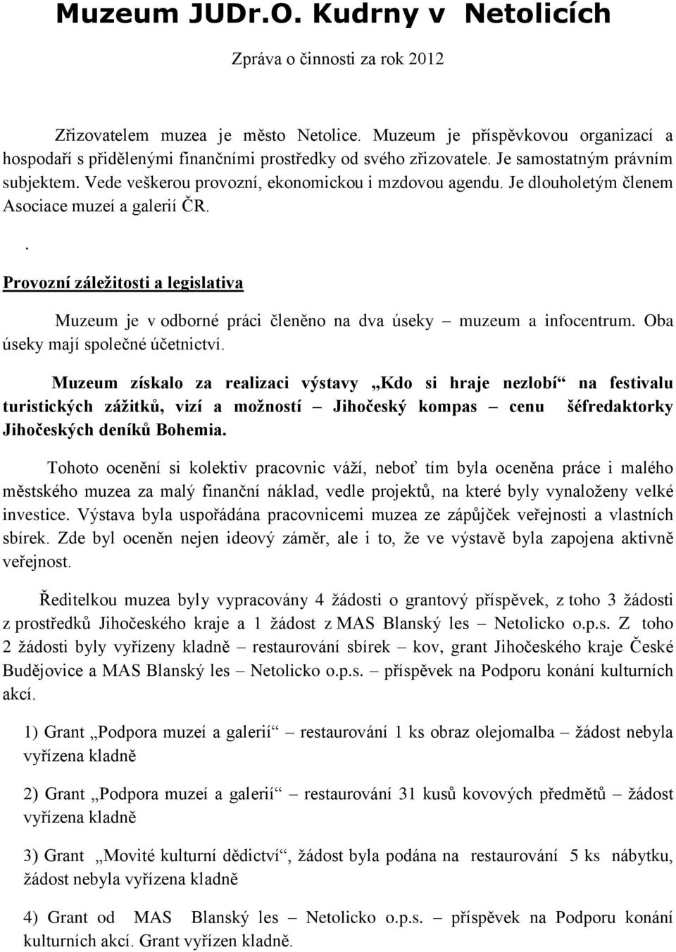 Je dlouholetým členem Asociace muzeí a galerií ČR.. Provozní záležitosti a legislativa Muzeum je v odborné práci členěno na dva úseky muzeum a infocentrum. Oba úseky mají společné účetnictví.