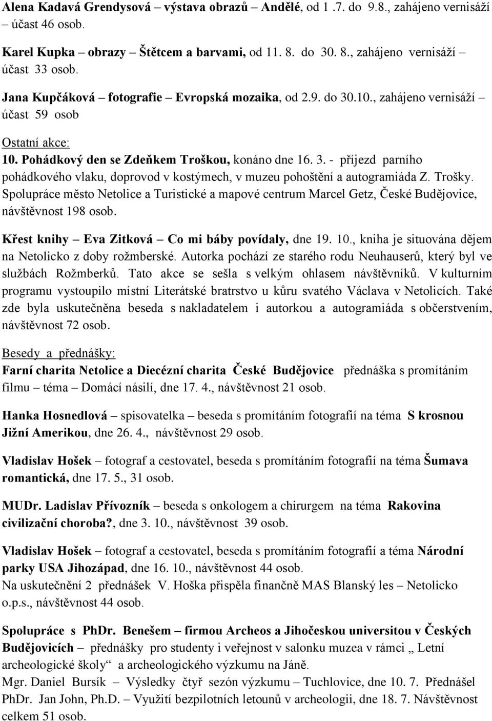 Trošky. Spolupráce město Netolice a Turistické a mapové centrum Marcel Getz, České Budějovice, návštěvnost 198 osob. Křest knihy Eva Zitková Co mi báby povídaly, dne 19. 10.