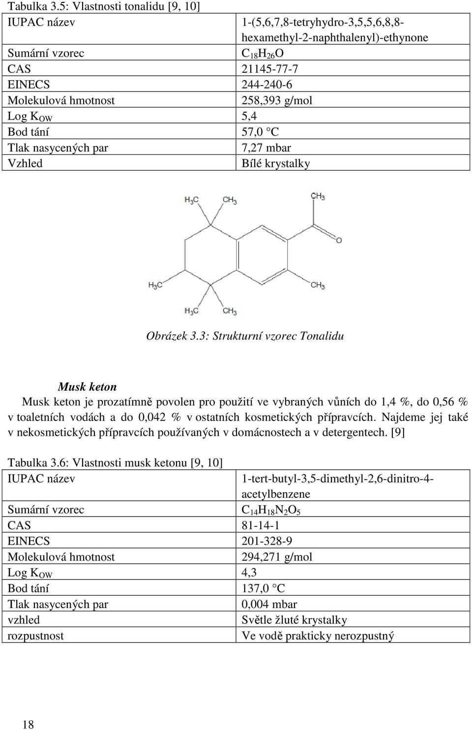 Najdeme jej také v nekosmetických přípravcích používaných v domácnostech a v detergentech. [9] Tabulka 3.6: Vlastnosti musk ketonu [9, 10] IUPAC název Tabulka 3.