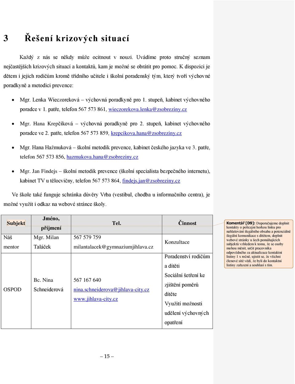 stupeň, kabinet výchovného poradce v 1. patře, telefon 567 573 861, wieczorekova.lenka@zsobreziny.cz Mgr. Hana Krepčíková výchovná poradkyně pro 2. stupeň, kabinet výchovného poradce ve 2.