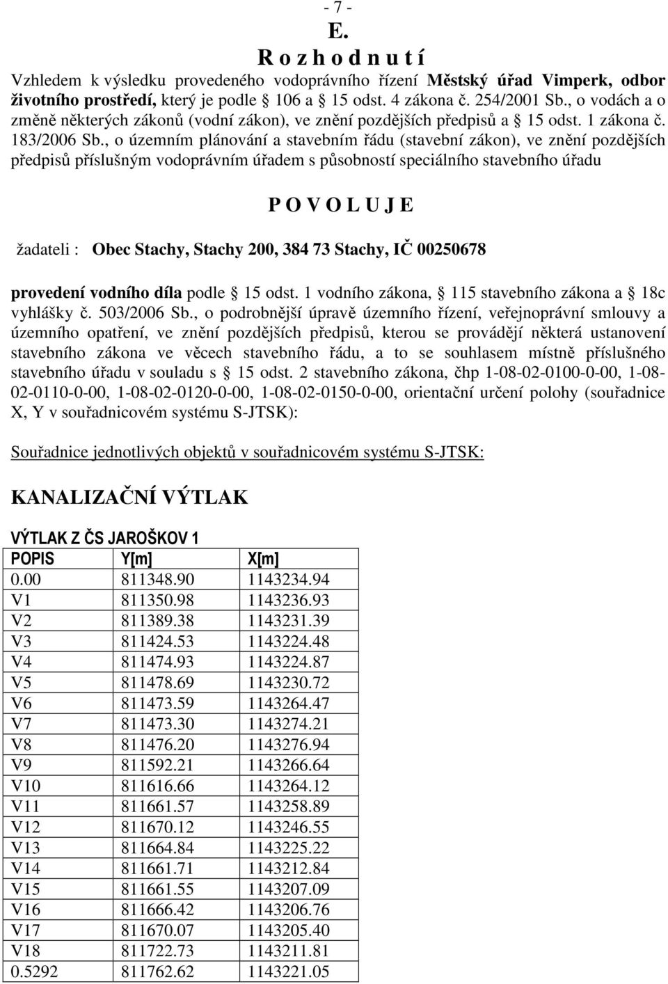 , o územním plánování a stavebním řádu (stavební zákon), ve znění pozdějších předpisů příslušným vodoprávním úřadem s působností speciálního stavebního úřadu P O V O L U J E žadateli : Obec Stachy,