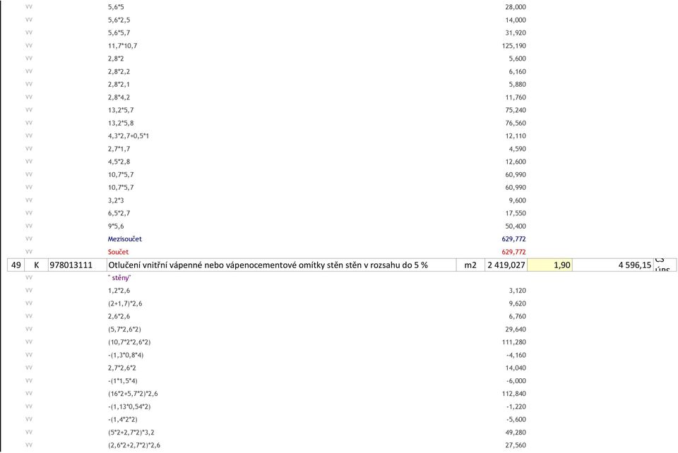 vnitřní vápenné nebo vápenocementové omítky stěn stěn v rozsahu do 5 % m2 2419,027 1,90 4596,15 CS VV " stěny" VV 1,2*2,6 3,120 VV (2+1,7)*2,6 9,620 VV 2,6*2,6 6,760 VV (5,7*2,6*2) 29,640 VV