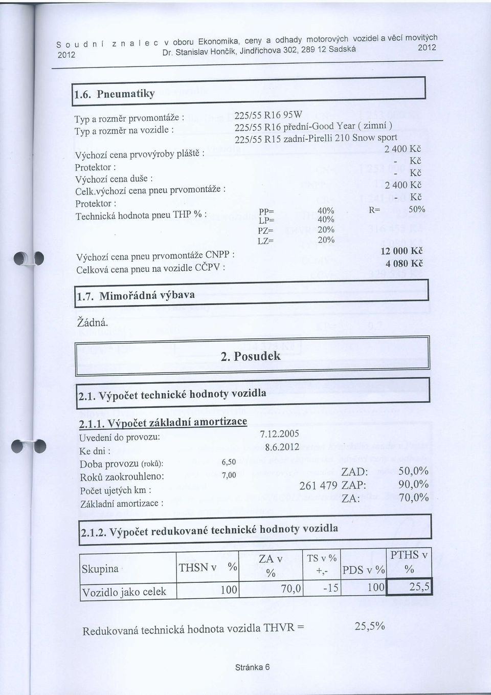 vlichozi cena pneu prvomont6ze : Protektor: Technick6 hodnota Pneu THP % : Vlichozi cena pneu prvomont6de CNPP : Celkov6 cena Pneu na vozidle CdPV : 1.7. Mimoiridni vfbava Zildnit. 225155 P.