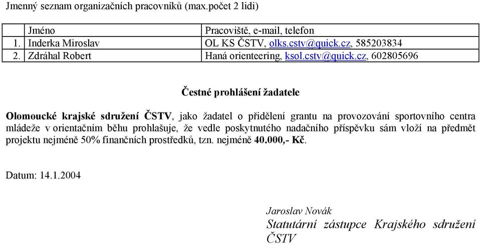 cz, 602805696 Čestné prohlášení žadatele Olomoucké krajské sdružení ČSTV, jako žadatel o přidělení grantu na provozování sportovního centra