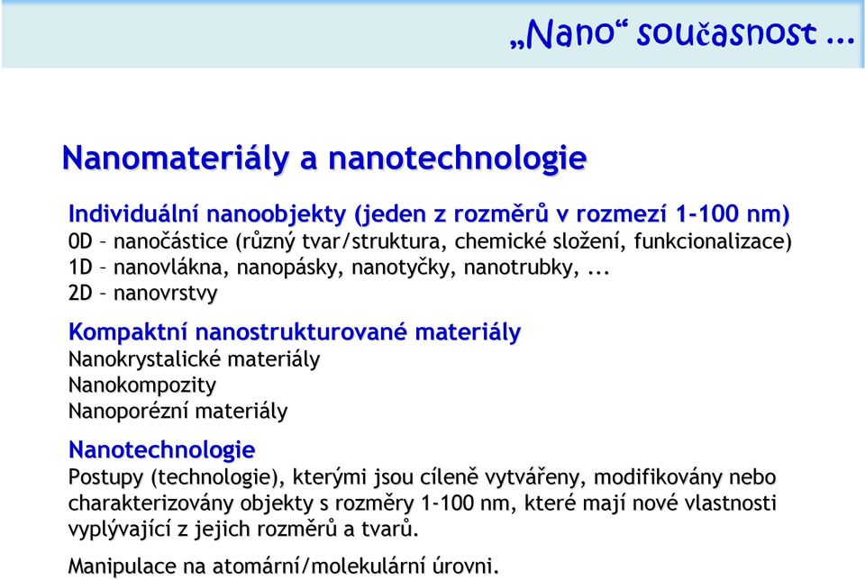 .. 2D nanovrstvy Kompaktní nanostrukturované materiály Nanokrystalické materiály Nanokompozity Nanoporézn zní materiály Nanotechnologie Postupy