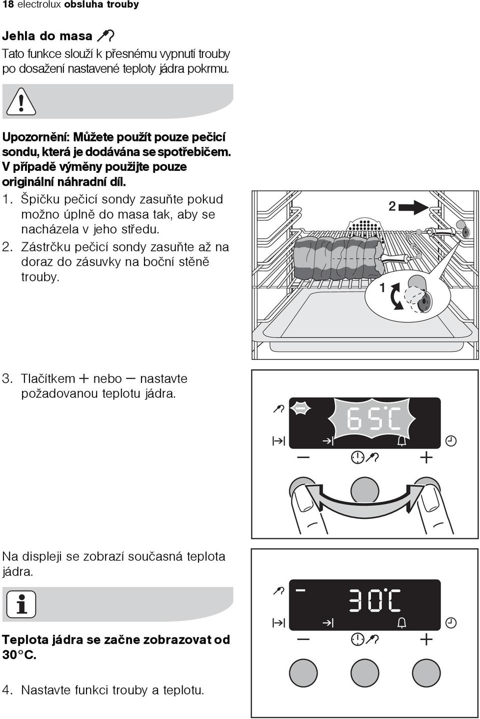 Špièku peèicí sondy zasuòte pokud možno úplnì do masa tak, aby se nacházela v jeho støedu. 2.