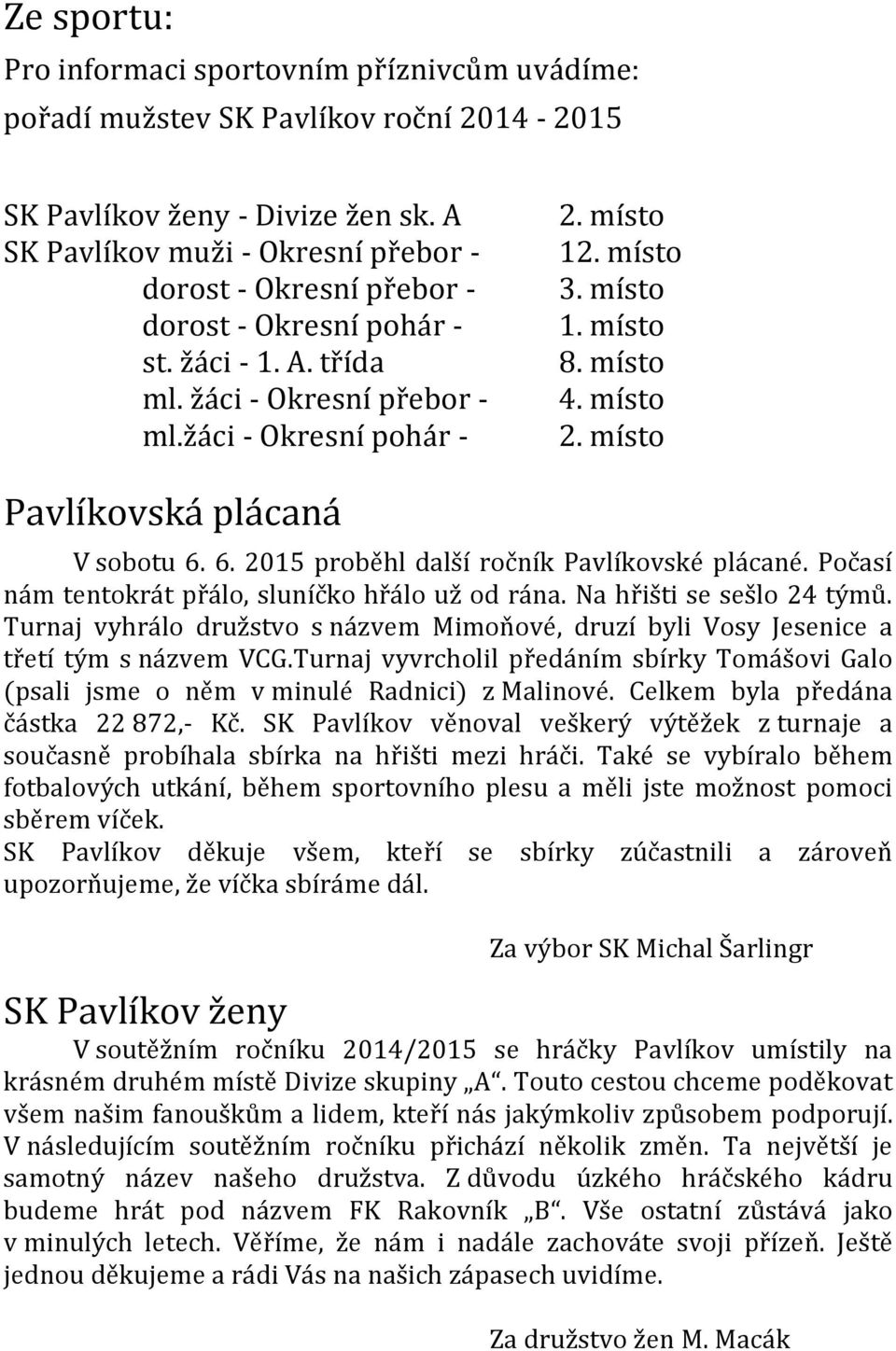 místo 4. místo 2. místo Pavlíkovská plácaná V sobotu 6. 6. 2015 proběhl další ročník Pavlíkovské plácané. Počasí nám tentokrát přálo, sluníčko hřálo už od rána. Na hřišti se sešlo 24 týmů.