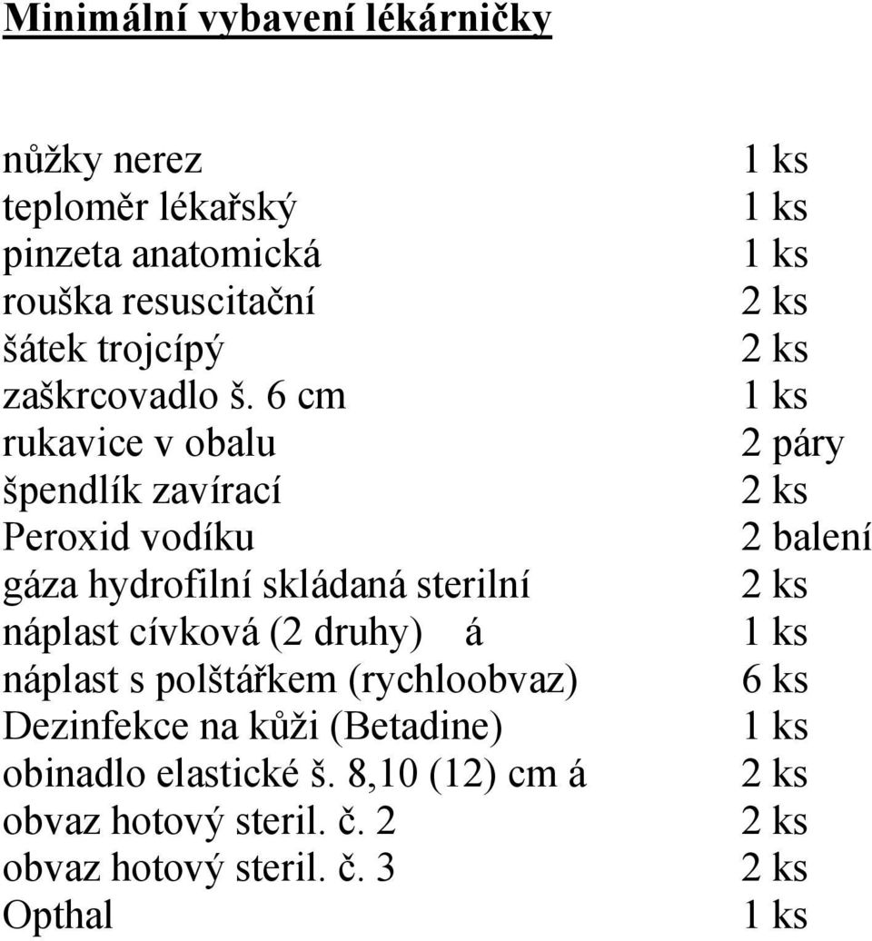 6 cm rukavice v obalu 2 páry špendlík zavírací Peroxid vodíku 2 balení gáza hydrofilní skládaná sterilní