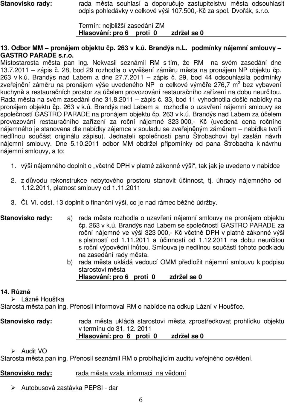 28, bod 29 rozhodla o vyvšení zámru msta na pronájem NP objektu p. 263 v k.ú. Brandýs nad Labem a dne 27.7. zápis.