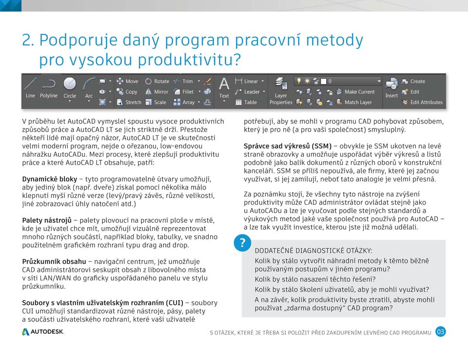 Mezi procesy, které zlepšují produktivitu práce a které AutoCAD LT obsahuje, patří: Dynamické bloky tyto programovatelné útvary umožňují, aby jediný blok (např.