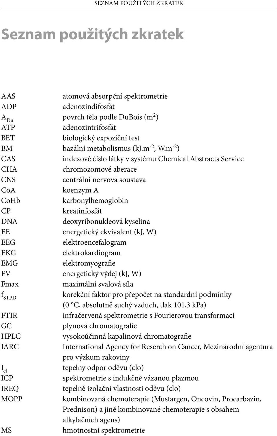 m -2 ) CAS indexové číslo látky v systému Chemical Abstracts Service CHA chromozomové aberace CNS centrální nervová soustava CoA koenzym A CoHb karbonylhemoglobin CP kreatinfosfát DNA