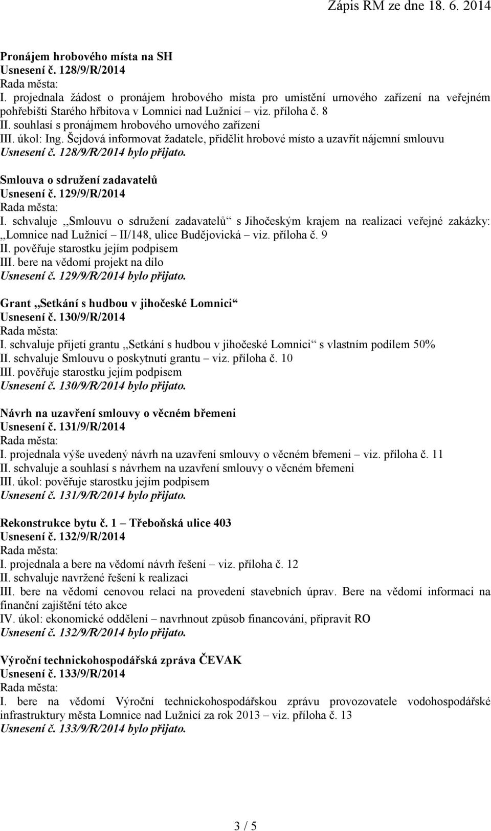 souhlasí s pronájmem hrobového urnového zařízení III. úkol: Ing. Šejdová informovat žadatele, přidělit hrobové místo a uzavřít nájemní smlouvu Usnesení č. 128/9/R/2014 bylo přijato.