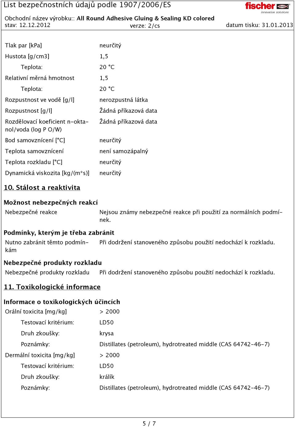 Stálost a reaktivita Možnost nebezpečných reakcí Nebezpečné reakce Podmínky, kterým je třeba zabránit Nutno zabránit těmto podmínkám Nebezpečné produkty rozkladu Nebezpečné produkty rozkladu 11.