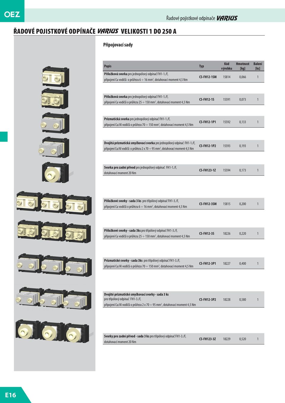 /F, připojení Cu vodičů o průřezu 25 150 mm 2, dotahovací moment 4,5 Nm CS-FH12-1S 15591 0,073 1 Prizmatická svorka pro jednopólový odpínač FH1-1.