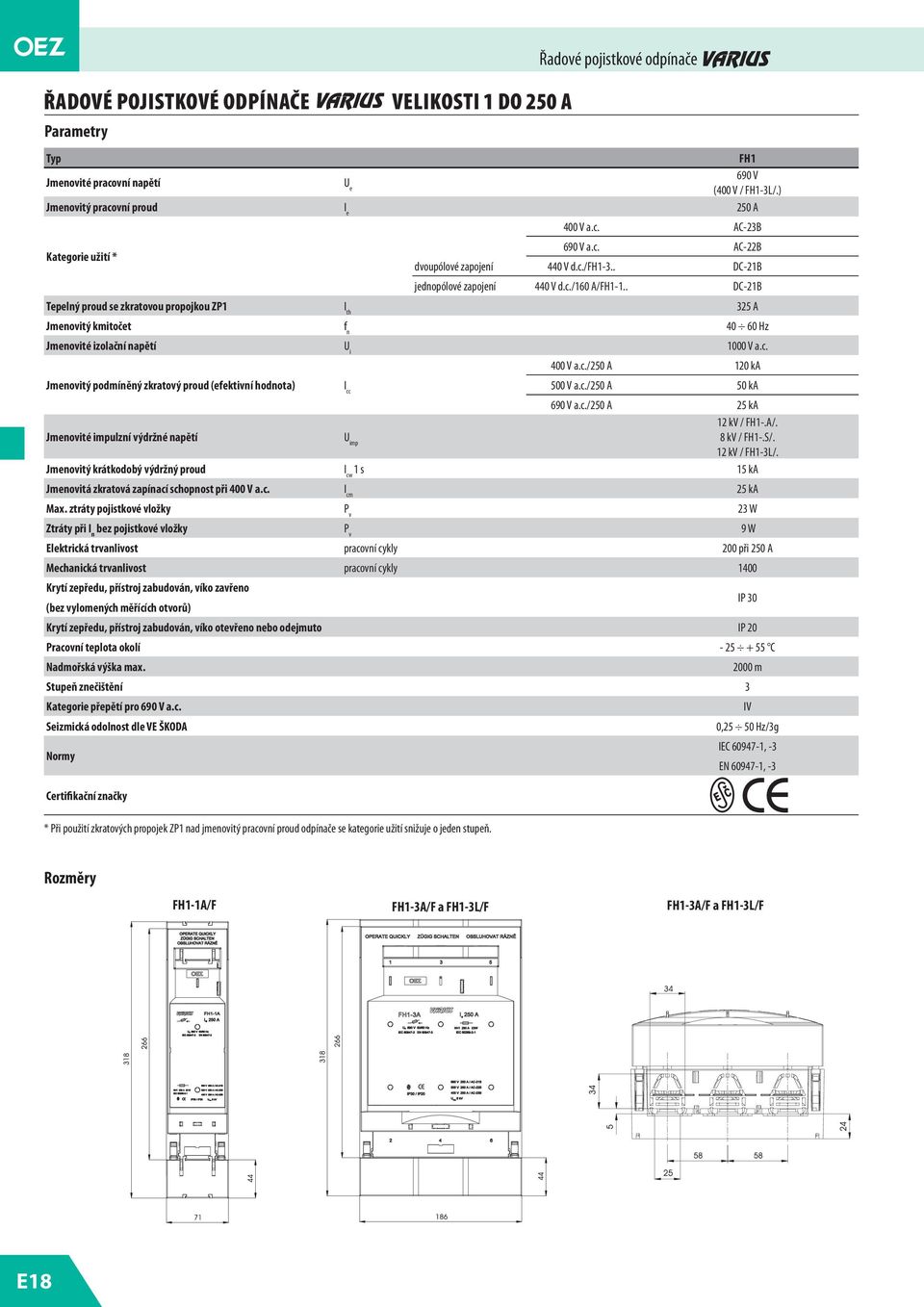 c./250 A 50 ka 400 V a.c./250 A 120 ka 690 V a.c./250 A 25 ka Jmenovité impulzní výdržné napětí U imp 12 kv / FH1-.A/. 8 kv / FH1-.S/. 12 kv / FH1-3L/.