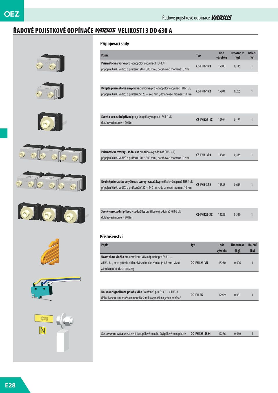 FH3-1./F, připojení Cu/Al vodičů o průřezu 2x120 240 mm 2, dotahovací moment 10 Nm CS-FH3-1P2 15801 0,205 1 Svorka pro zadní přívod pro jednopólový odpínač FH3-1.