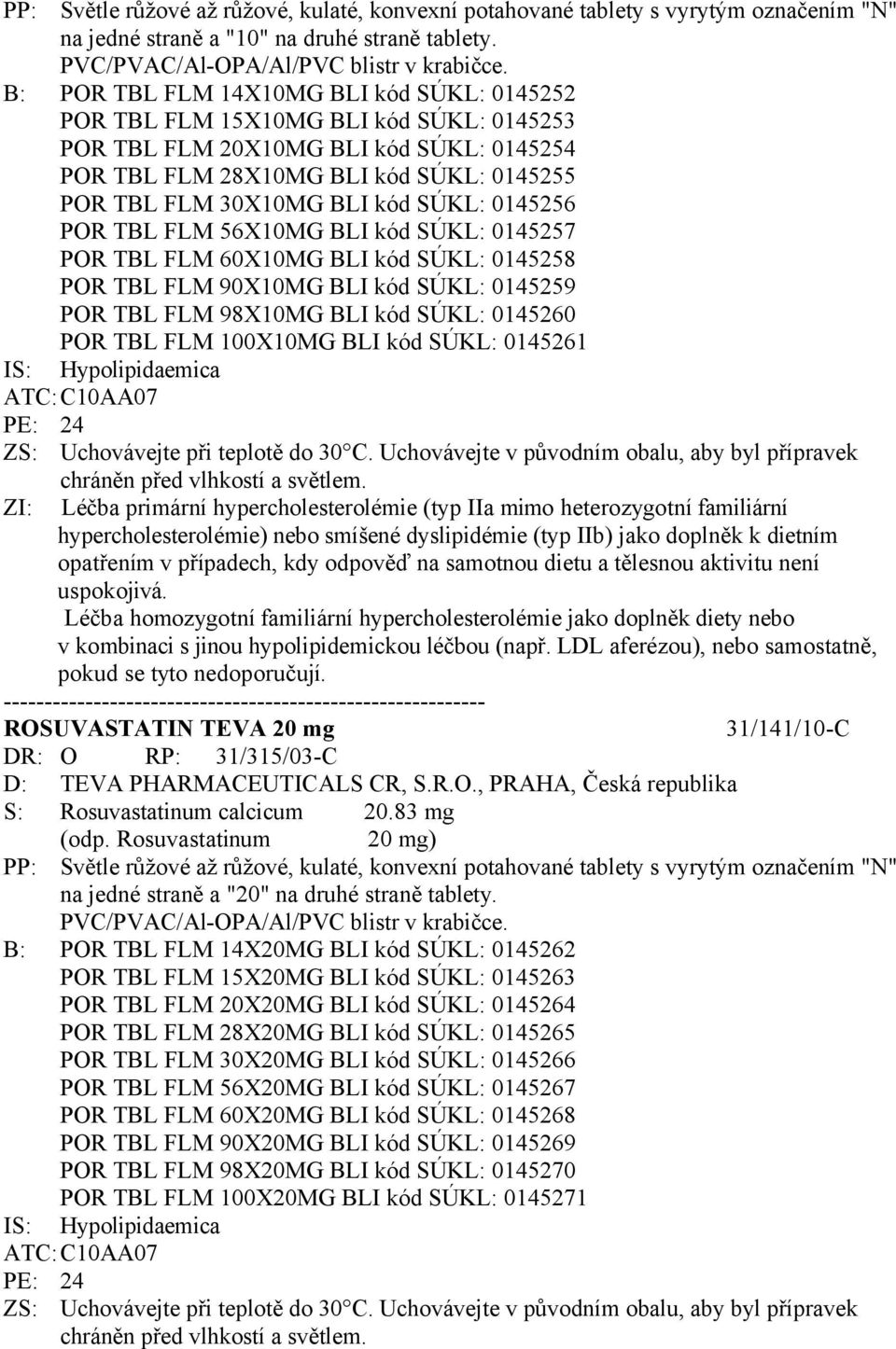 SÚKL: 0145256 POR TBL FLM 56X10MG BLI kód SÚKL: 0145257 POR TBL FLM 60X10MG BLI kód SÚKL: 0145258 POR TBL FLM 90X10MG BLI kód SÚKL: 0145259 POR TBL FLM 98X10MG BLI kód SÚKL: 0145260 POR TBL FLM