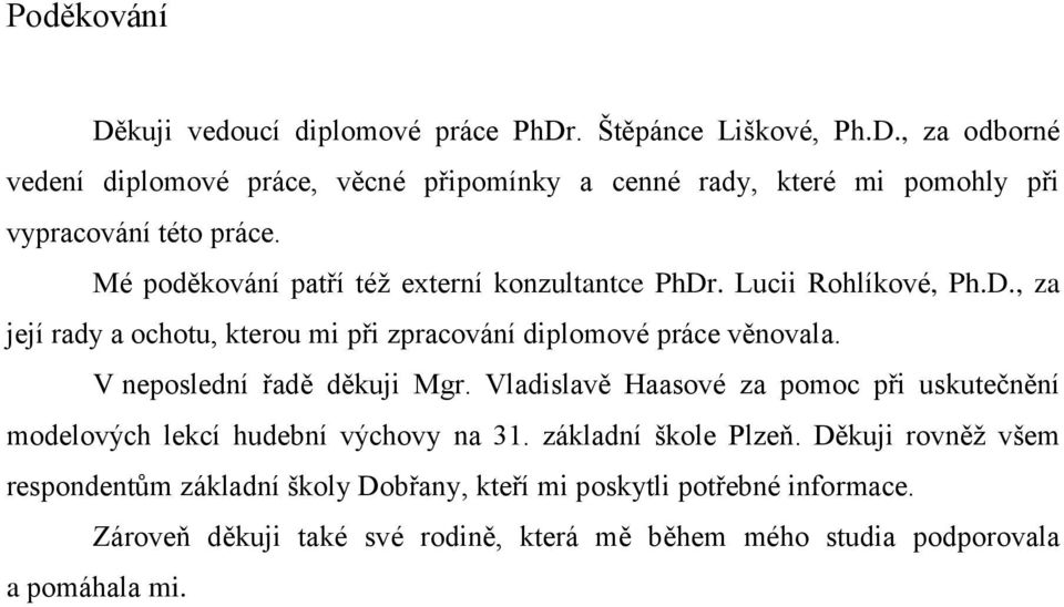 V neposlední řadě děkuji Mgr. Vladislavě Haasové za pomoc při uskutečnění modelových lekcí hudební výchovy na 31. základní škole Plzeň.