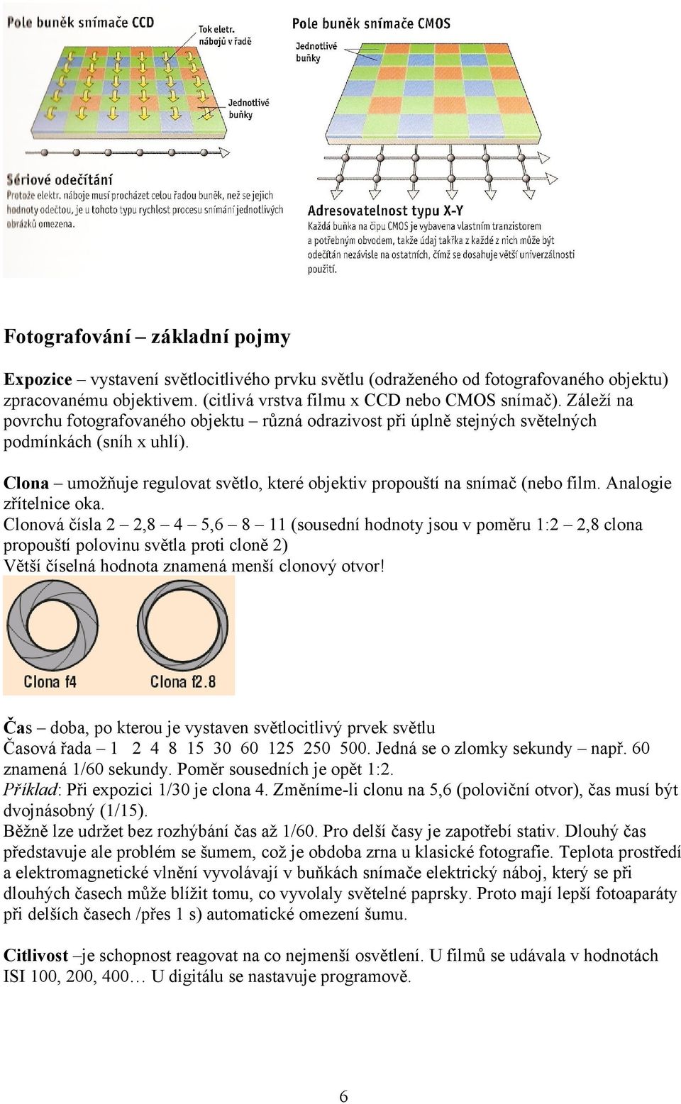 Analogie zřítelnice oka. Clonová čísla 2 2,8 4 5,6 8 11 (sousední hodnoty jsou v poměru 1:2 2,8 clona propouští polovinu světla proti cloně 2) Větší číselná hodnota znamená menší clonový otvor!