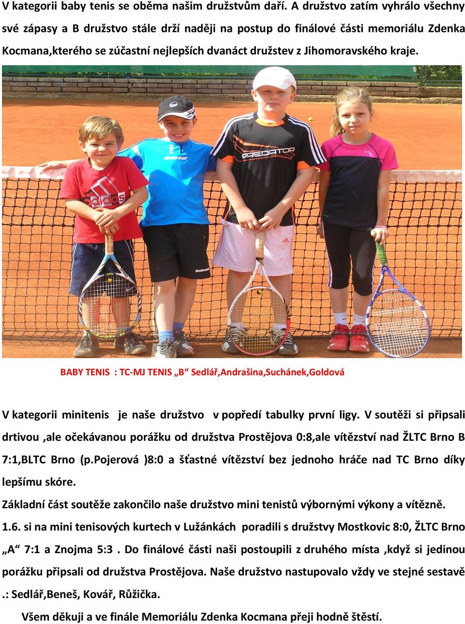 BABY TENIS : TC-MJ TENIS B Sedlář,Andrašina,Suchánek,Goldová V kategorii minitenis je naše družstvo v popředí tabulky první ligy.