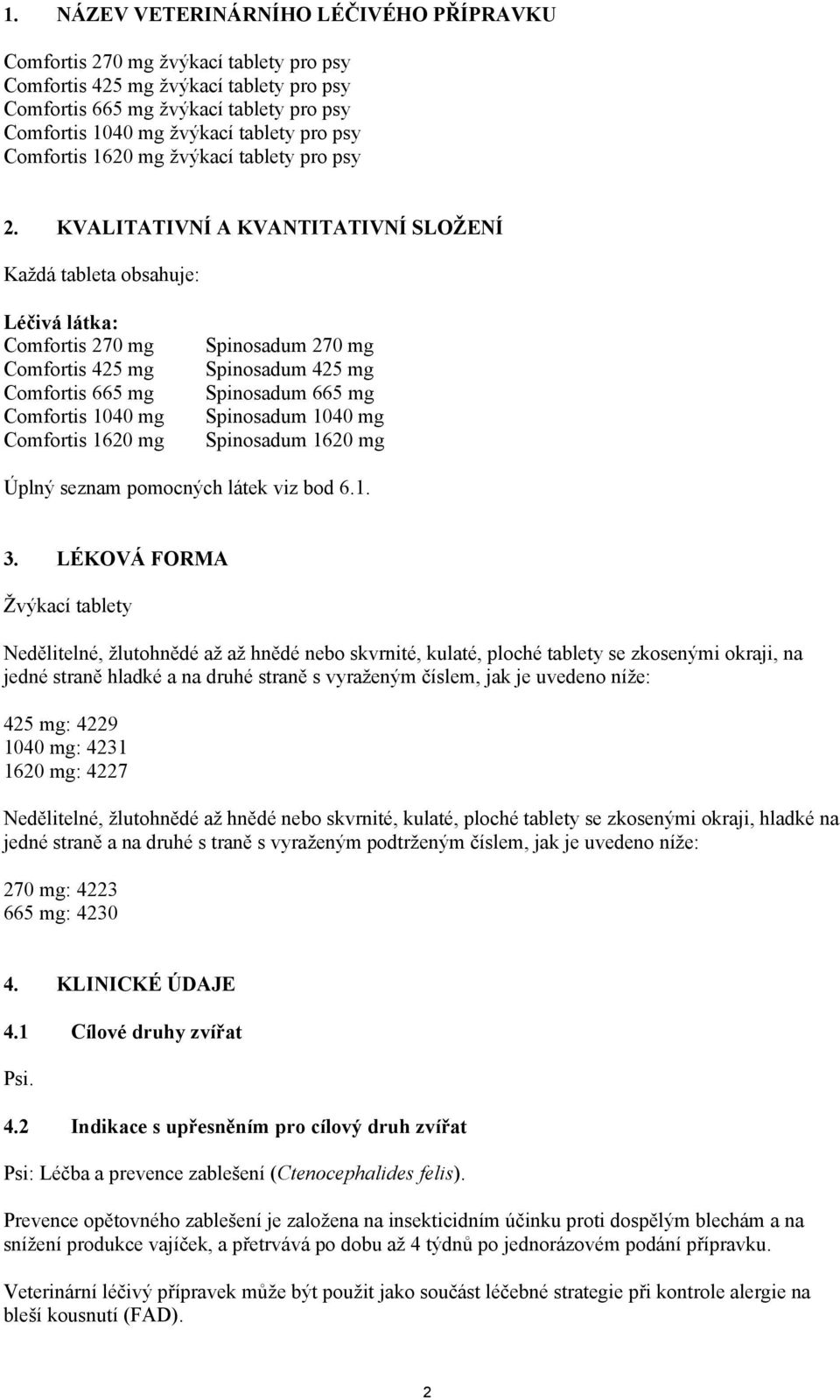 KVALITATIVNÍ A KVANTITATIVNÍ SLOŽENÍ Každá tableta obsahuje: Léčivá látka: Comfortis 270 mg Comfortis 425 mg Comfortis 665 mg Comfortis 1040 mg Comfortis 1620 mg Spinosadum 270 mg Spinosadum 425 mg