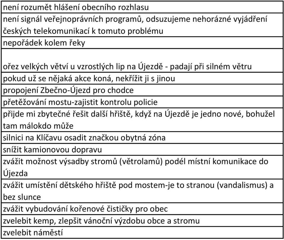 řešit další hřiště, když na Újezdě je jedno nové, bohužel tam málokdo může silnici na Klíčavu osadit značkou obytná zóna snížit kamionovou dopravu zvážit možnost výsadby stromů (větrolamů) podél