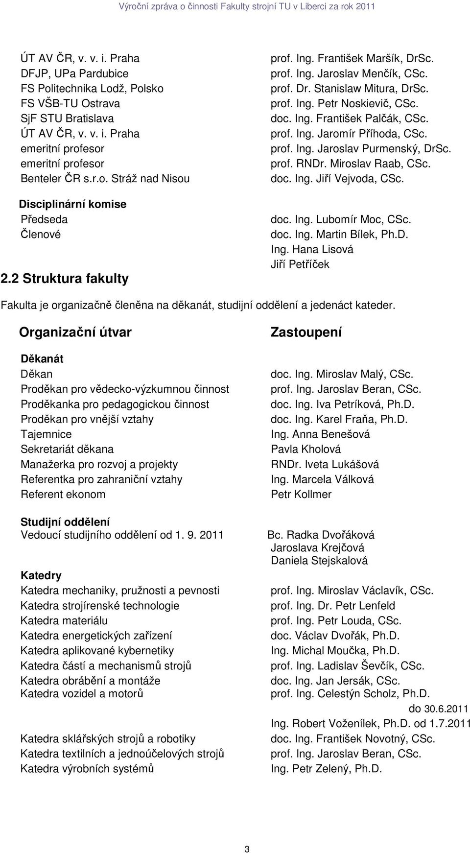 prof. Ing. Jaroslav Purmenský, DrSc. prof. RNDr. Miroslav Raab, CSc. doc. Ing. Jiří Vejvoda, CSc. doc. Ing. Lubomír Moc, CSc. doc. Ing. Martin Bílek, Ph.D. Ing. Hana Lisová Jiří Petříček Fakulta je organizačně členěna na děkanát, studijní oddělení a jedenáct kateder.