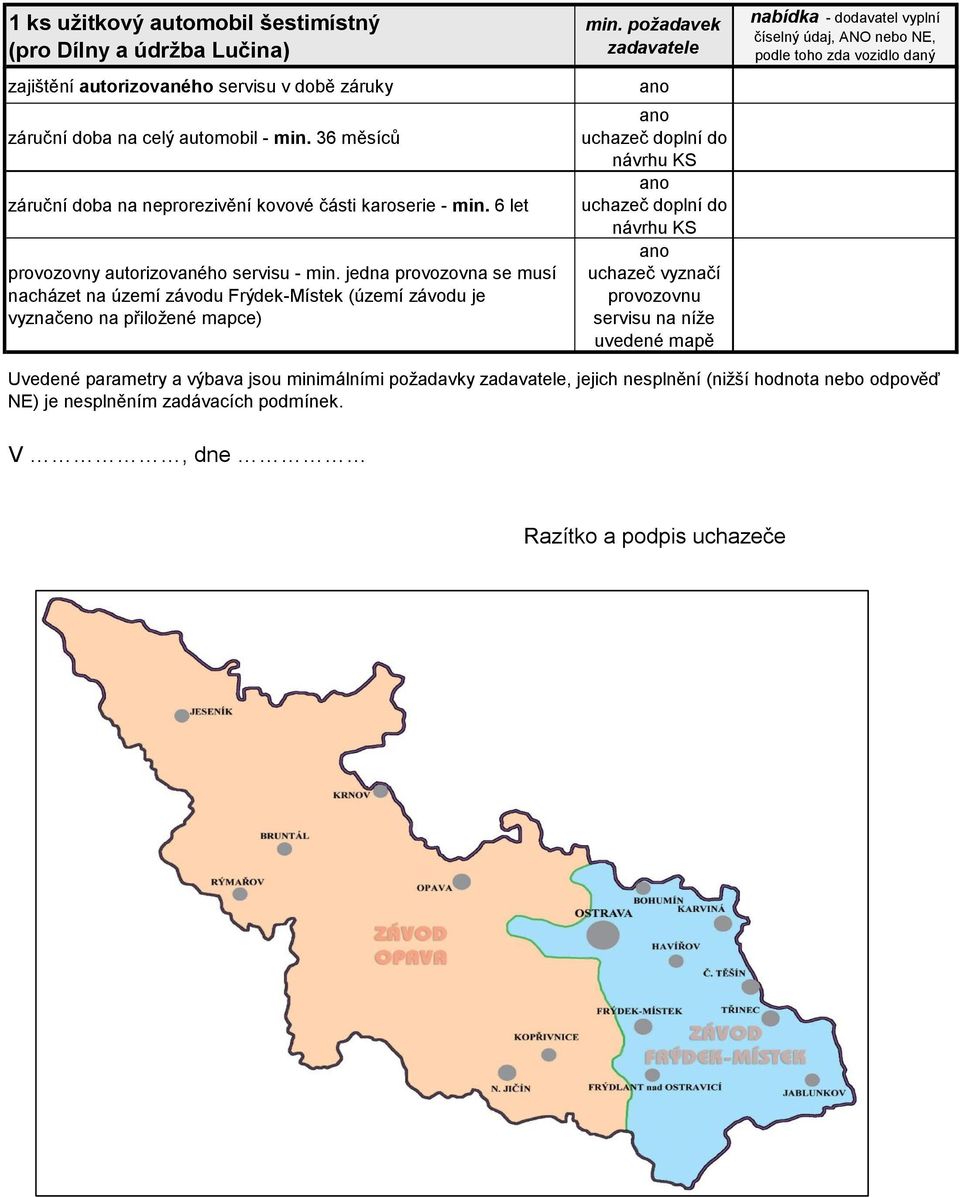 jedna provozovna se musí nacházet na území závodu Frýdek-Místek (území závodu je vyznačeno na přiložené mapce) uchazeč vyznačí provozovnu servisu na níže uvedené mapě